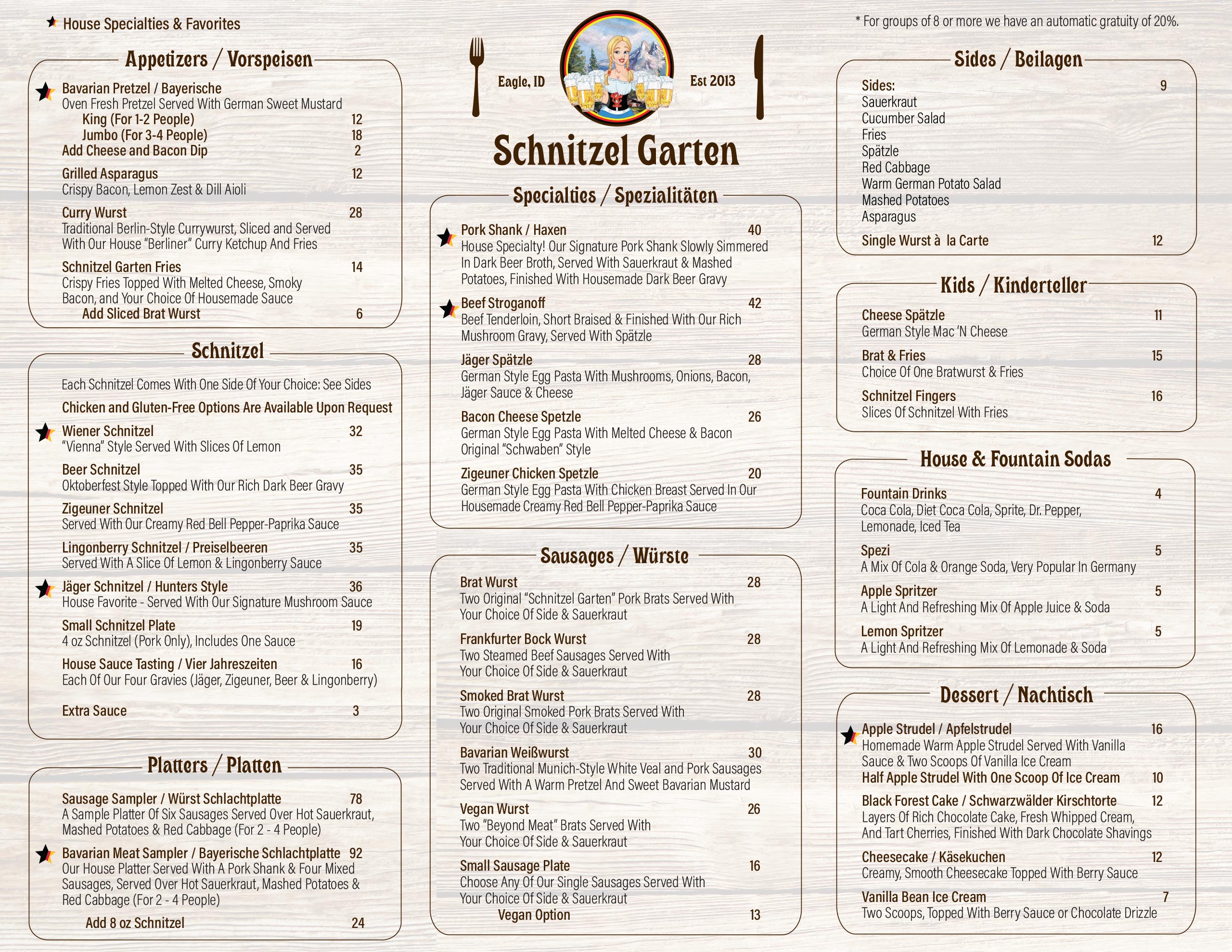 Schnitzel Garten restaurant menu featuring German specialties, appetizers, schnitzels, sausages, platters, sides, kids' meals, desserts, and beverages, with prices listed.